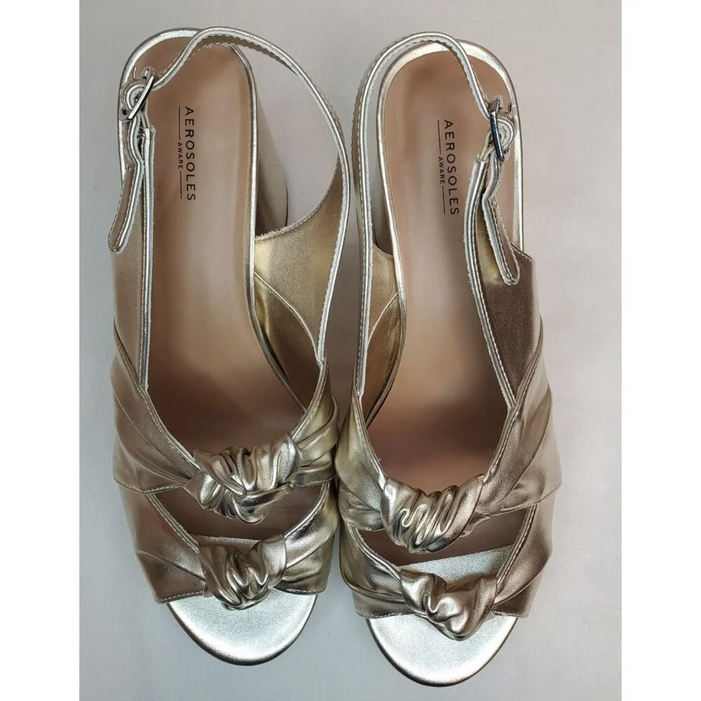 AEROSOLES Metallic Gold Knot Platform Slingback Heels